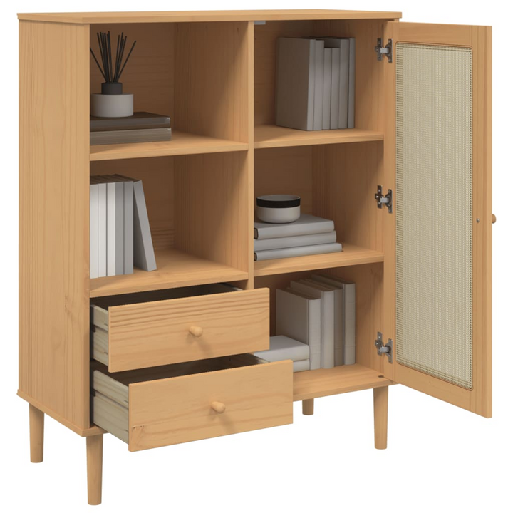 SENJA Highboard with Rattan Look in Brown - Solid Pine Wood, 90x40x112 cm - Stylish and Functional Storage Solution - Premium  from Home Treasures - Just £120.99! Shop now at Home Treasures