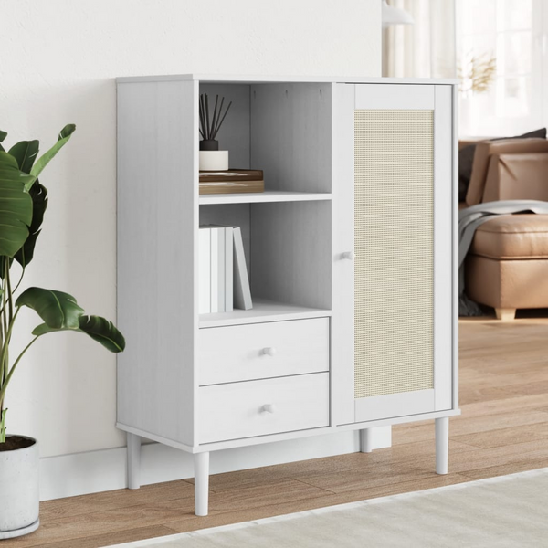 SENJA Highboard - Elegant Storage Solution with Rattan Look, Solid Pine Wood, White Finish, 90x40x112 cm - Premium  from Home Treasures - Just £123.99! Shop now at Home Treasures