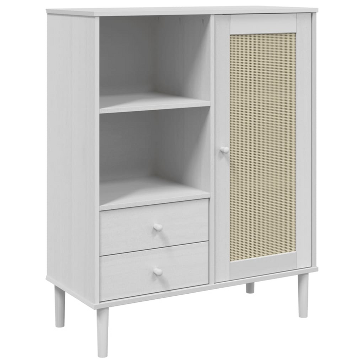 SENJA Highboard - Elegant Storage Solution with Rattan Look, Solid Pine Wood, White Finish, 90x40x112 cm - Premium  from Home Treasures - Just £120.99! Shop now at Home Treasures