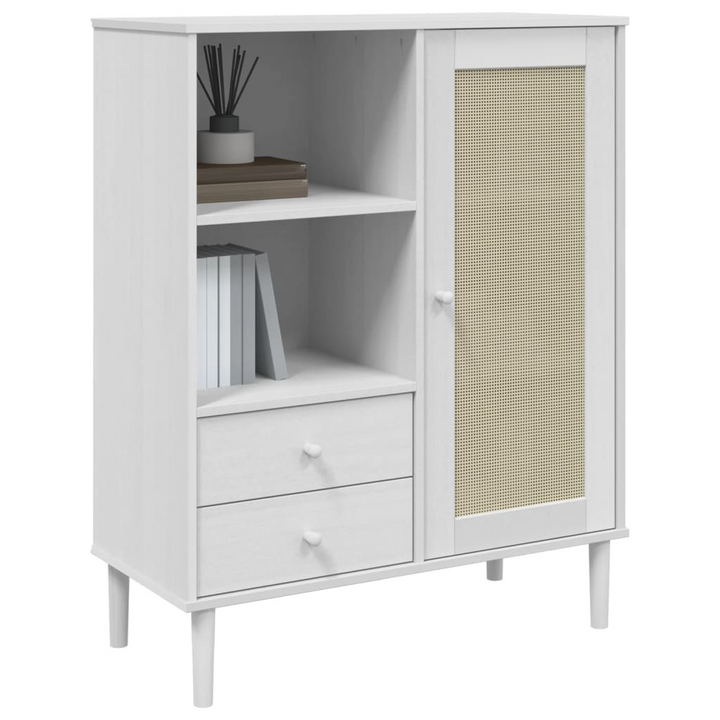 SENJA Highboard - Elegant Storage Solution with Rattan Look, Solid Pine Wood, White Finish, 90x40x112 cm - Premium  from Home Treasures - Just £120.99! Shop now at Home Treasures