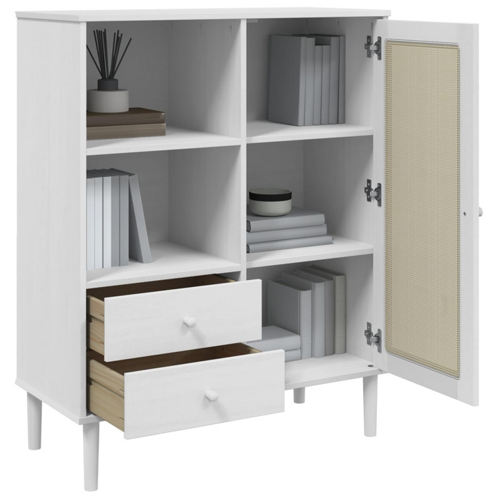 SENJA Highboard - Elegant Storage Solution with Rattan Look, Solid Pine Wood, White Finish, 90x40x112 cm - Premium  from Home Treasures - Just £120.99! Shop now at Home Treasures