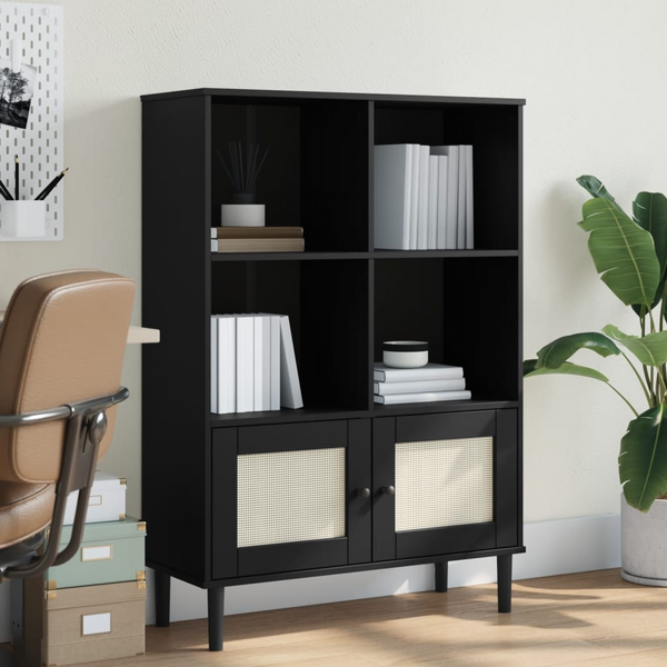 SENJA Rattan Look Bookcase in Black, Solid Pine Wood, Stylish Storage 90x35x130 cm - Premium  from Home Treasures - Just £116.99! Shop now at Home Treasures