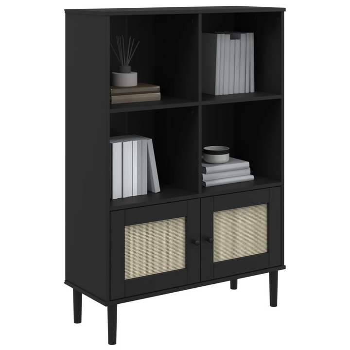 SENJA Rattan Look Bookcase in Black, Solid Pine Wood, Stylish Storage 90x35x130 cm - Premium  from Home Treasures - Just £116.99! Shop now at Home Treasures