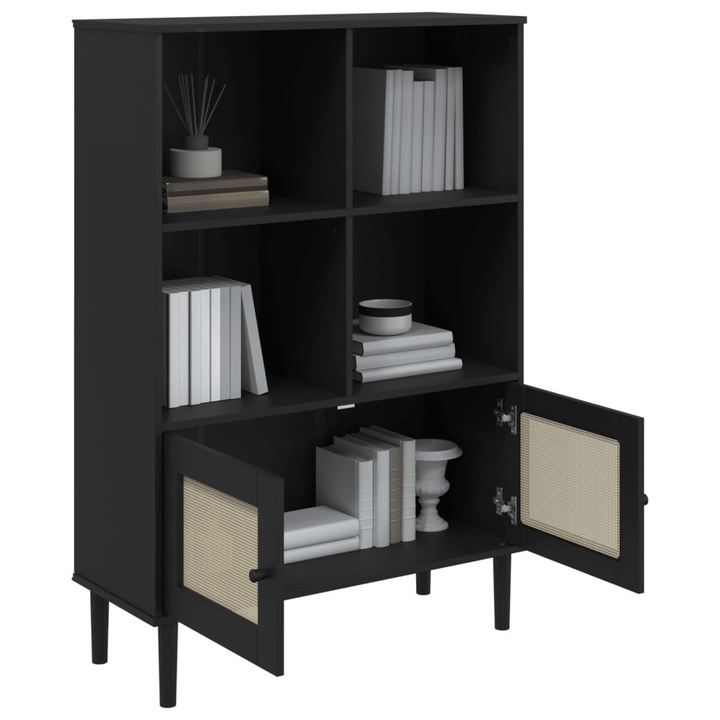 SENJA Rattan Look Bookcase in Black, Solid Pine Wood, Stylish Storage 90x35x130 cm - Premium  from Home Treasures - Just £116.99! Shop now at Home Treasures