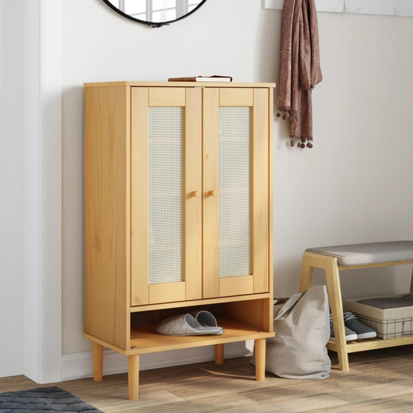 SENJA Rattan Look Shoe Cabinet - Stylish Brown 59.5x35x107 cm Solid Wood Organizer | Elegant & Durable Storage Solution - Premium  from Home Treasures - Just £132.99! Shop now at Home Treasures