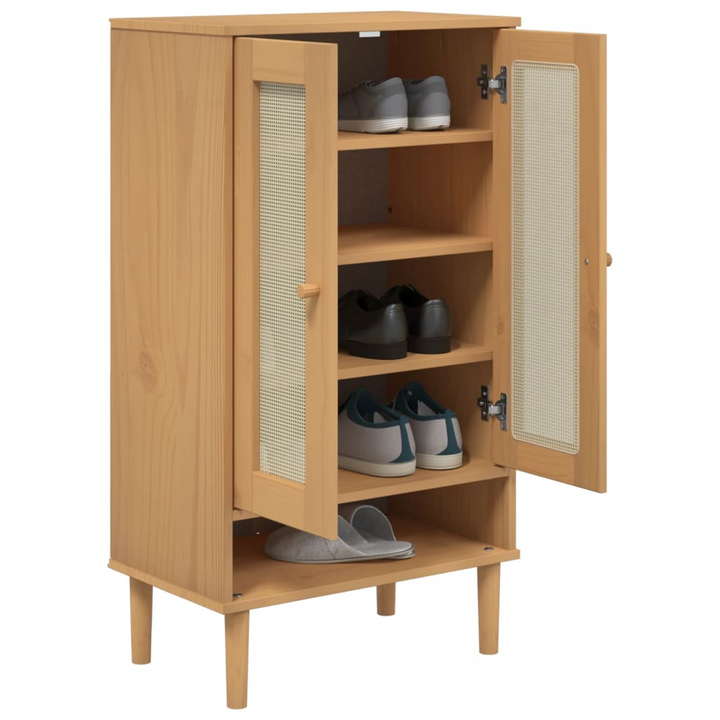 SENJA Rattan Look Shoe Cabinet - Stylish Brown 59.5x35x107 cm Solid Wood Organizer | Elegant & Durable Storage Solution - Premium  from Home Treasures - Just £132.99! Shop now at Home Treasures