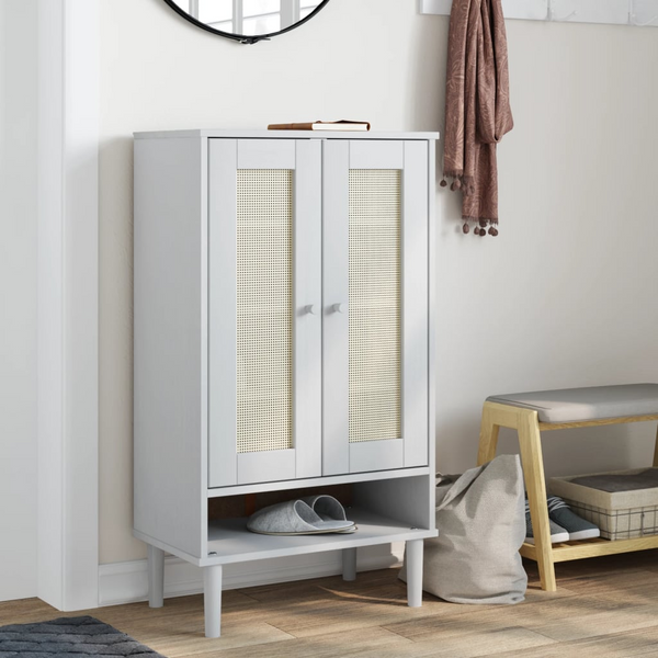 SENJA Shoe Cabinet with Rattan Look - Stylish White Solid Wood Storage Unit, 59.5x35x107 cm - Premium  from Home Treasures - Just £135.99! Shop now at Home Treasures