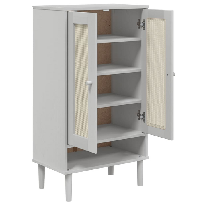 SENJA Shoe Cabinet with Rattan Look - Stylish White Solid Wood Storage Unit, 59.5x35x107 cm - Premium  from Home Treasures - Just £122.99! Shop now at Home Treasures