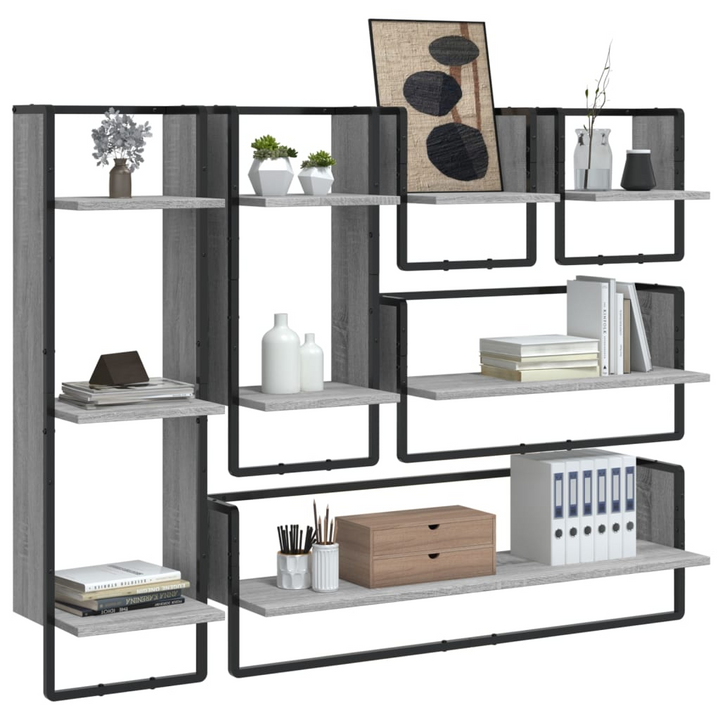 6 Piece Wall Shelf Set with Bars - Grey Sonoma Engineered Wood - Stylish & Space-Saving Storage Solution - Premium  from Home Treasures - Just £77.99! Shop now at Home Treasures