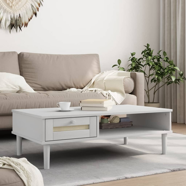 SENJA Coffee Table with Rattan Look in White, Solid Wood 100x55x33 cm - Modern & Rustic Design, Ample Storage - Premium  from Home Treasures - Just £79.99! Shop now at Home Treasures