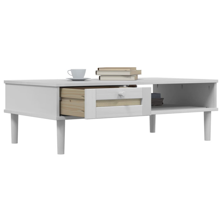 SENJA Coffee Table with Rattan Look in White, Solid Wood 100x55x33 cm - Modern & Rustic Design, Ample Storage - Premium  from Home Treasures - Just £72.99! Shop now at Home Treasures