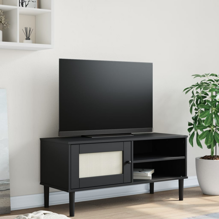 SENJA Black Rattan Look TV Cabinet 106x40x49cm - Solid Pine Wood, Stylish & Practical - Premium  from Home Treasures - Just £75.99! Shop now at Home Treasures