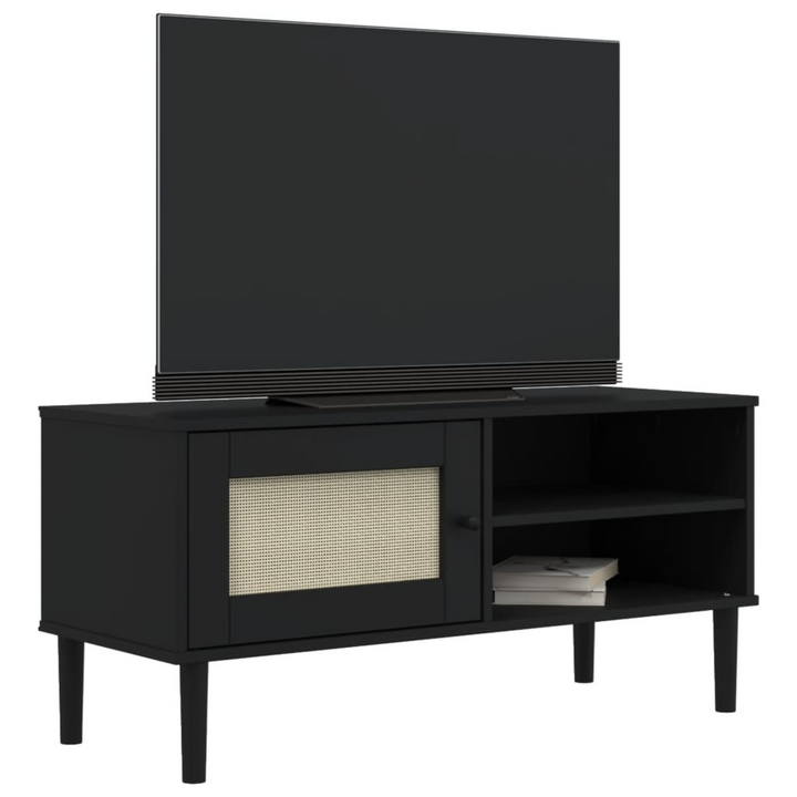 SENJA Black Rattan Look TV Cabinet 106x40x49cm - Solid Pine Wood, Stylish & Practical - Premium  from Home Treasures - Just £75.99! Shop now at Home Treasures