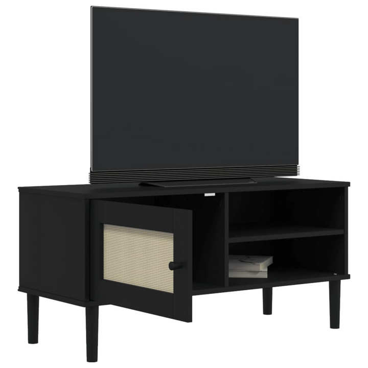 SENJA Black Rattan Look TV Cabinet 106x40x49cm - Solid Pine Wood, Stylish & Practical - Premium  from Home Treasures - Just £75.99! Shop now at Home Treasures