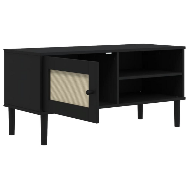 SENJA Black Rattan Look TV Cabinet 106x40x49cm - Solid Pine Wood, Stylish & Practical - Premium  from Home Treasures - Just £75.99! Shop now at Home Treasures