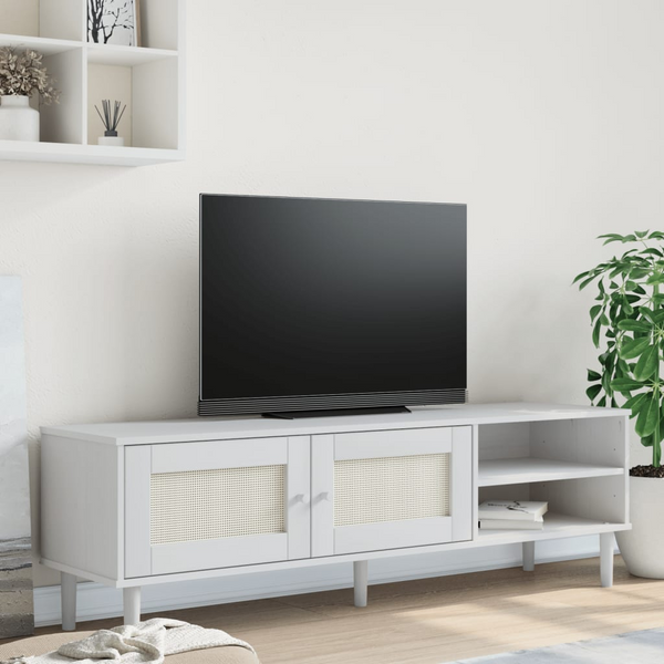 SENJA TV Cabinet - Stylish Rattan Look, Solid Pine Wood, White Finish - 158x40x49cm - Premium  from Home Treasures - Just £98.99! Shop now at Home Treasures