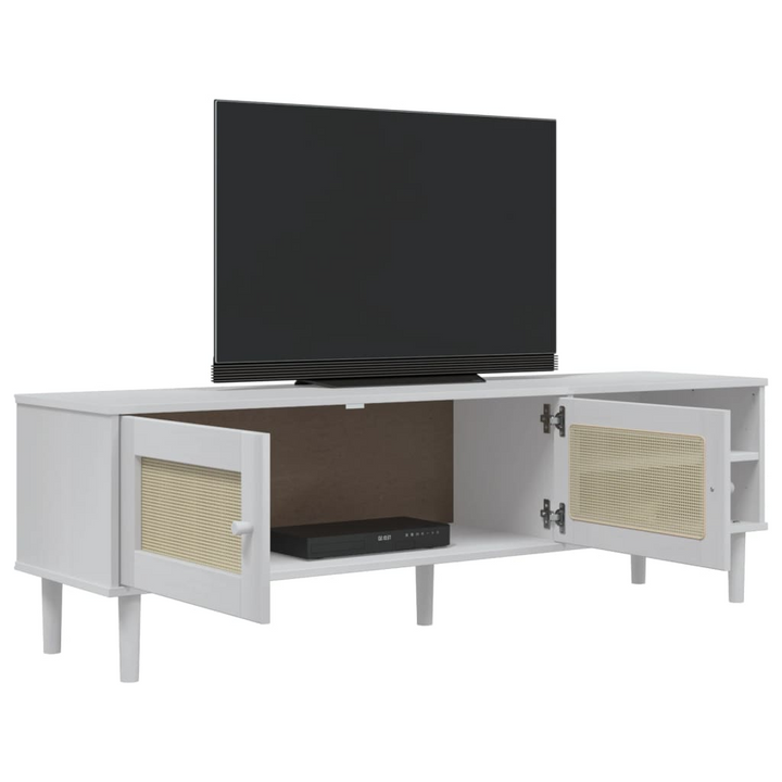 SENJA TV Cabinet - Stylish Rattan Look, Solid Pine Wood, White Finish - 158x40x49cm - Premium  from Home Treasures - Just £98.99! Shop now at Home Treasures