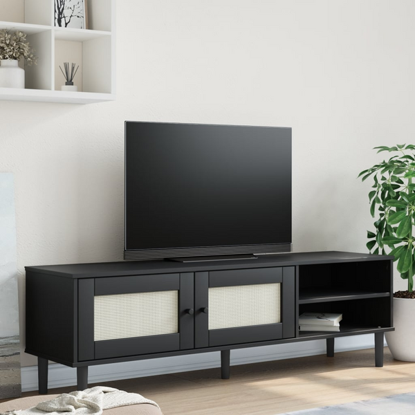 SENJA TV Cabinet - Black Rattan Look, Solid Pine Wood, 158x40x49cm - Boho & Midcentury Modern Style TV Console - Premium  from Home Treasures - Just £149.99! Shop now at Home Treasures