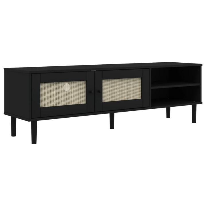 SENJA TV Cabinet - Black Rattan Look, Solid Pine Wood, 158x40x49cm - Boho & Midcentury Modern Style TV Console - Premium  from Home Treasures - Just £150.99! Shop now at Home Treasures