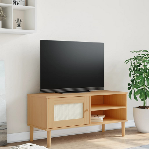 SENJA TV Cabinet with Rattan Look in Brown - Stylish & Functional Solid Pine Wood, 106x40x49cm - Premium  from Home Treasures - Just £75.99! Shop now at Home Treasures