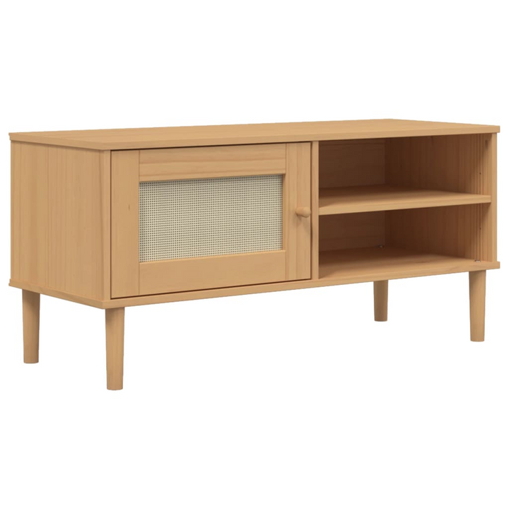 SENJA TV Cabinet with Rattan Look in Brown - Stylish & Functional Solid Pine Wood, 106x40x49cm - Premium  from Home Treasures - Just £75.99! Shop now at Home Treasures