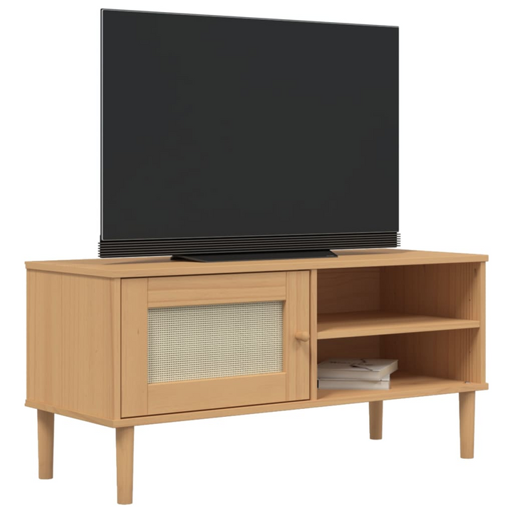 SENJA TV Cabinet with Rattan Look in Brown - Stylish & Functional Solid Pine Wood, 106x40x49cm - Premium  from Home Treasures - Just £75.99! Shop now at Home Treasures