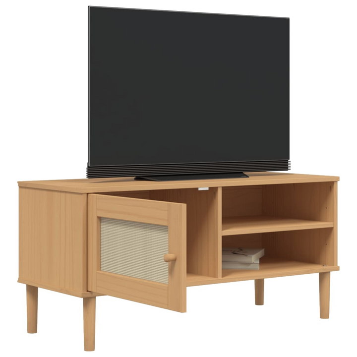 SENJA TV Cabinet with Rattan Look in Brown - Stylish & Functional Solid Pine Wood, 106x40x49cm - Premium  from Home Treasures - Just £75.99! Shop now at Home Treasures