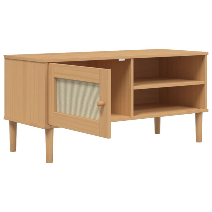 SENJA TV Cabinet with Rattan Look in Brown - Stylish & Functional Solid Pine Wood, 106x40x49cm - Premium  from Home Treasures - Just £75.99! Shop now at Home Treasures