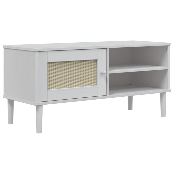 SENJA TV Cabinet with Rattan Look - Solid Pine Wood, White, 106x40x49cm - Stylish Midcentury Modern Storage Unit - Premium  from Home Treasures - Just £75.99! Shop now at Home Treasures