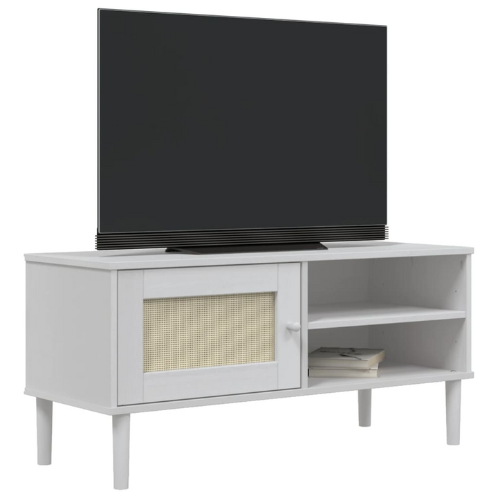 SENJA TV Cabinet with Rattan Look - Solid Pine Wood, White, 106x40x49cm - Stylish Midcentury Modern Storage Unit - Premium  from Home Treasures - Just £75.99! Shop now at Home Treasures