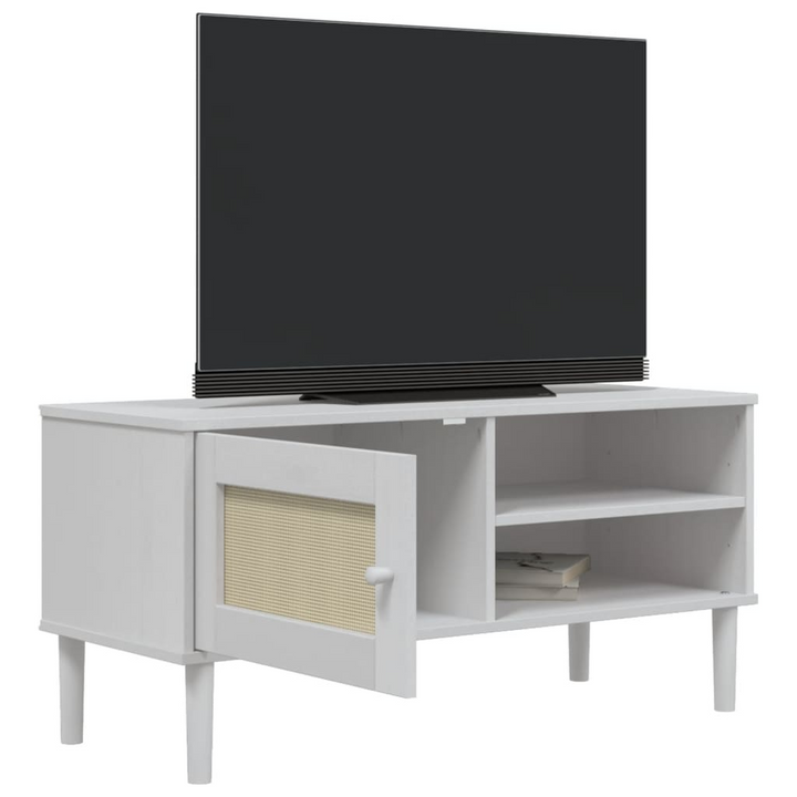 SENJA TV Cabinet with Rattan Look - Solid Pine Wood, White, 106x40x49cm - Stylish Midcentury Modern Storage Unit - Premium  from Home Treasures - Just £75.99! Shop now at Home Treasures