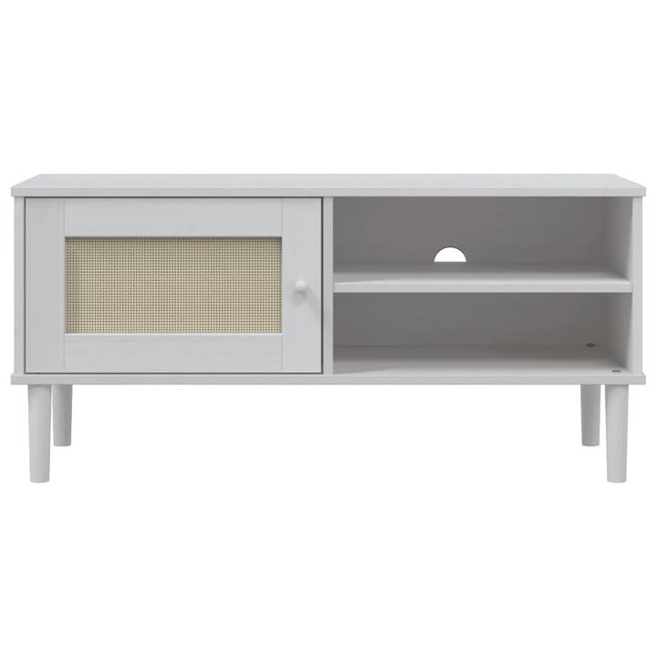 SENJA TV Cabinet with Rattan Look - Solid Pine Wood, White, 106x40x49cm - Stylish Midcentury Modern Storage Unit - Premium  from Home Treasures - Just £75.99! Shop now at Home Treasures