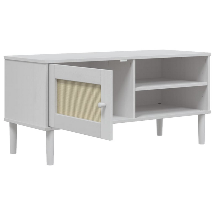 SENJA TV Cabinet with Rattan Look - Solid Pine Wood, White, 106x40x49cm - Stylish Midcentury Modern Storage Unit - Premium  from Home Treasures - Just £75.99! Shop now at Home Treasures