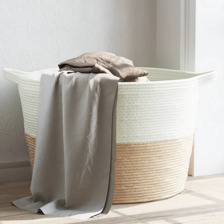 Cotton Laundry Basket Beige and White 60x36 cm - Modern, Durable & Versatile Storage Solution - Premium  from Home Treasures - Just £33.99! Shop now at Home Treasures