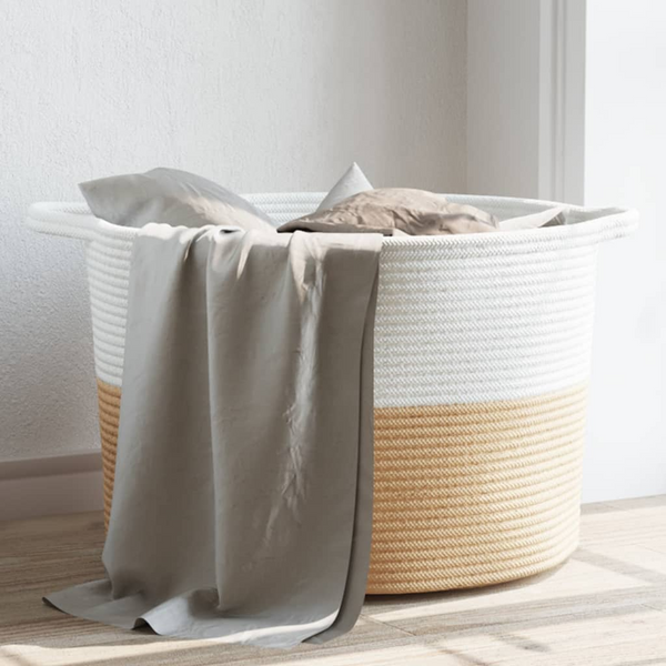 Beige and White Cotton Laundry Basket - Woven Storage Basket with Sturdy Handles, Space-Saving Design, Ø55x36 cm - Premium  from Home Treasures - Just £28.99! Shop now at Home Treasures