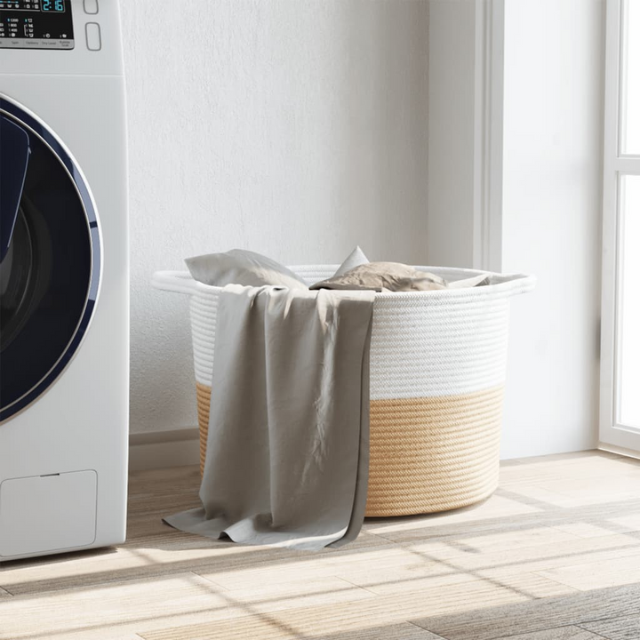 Beige and White Cotton Laundry Basket - Woven Storage Basket with Sturdy Handles, Space-Saving Design, Ø55x36 cm - Premium  from Home Treasures - Just £28.99! Shop now at Home Treasures