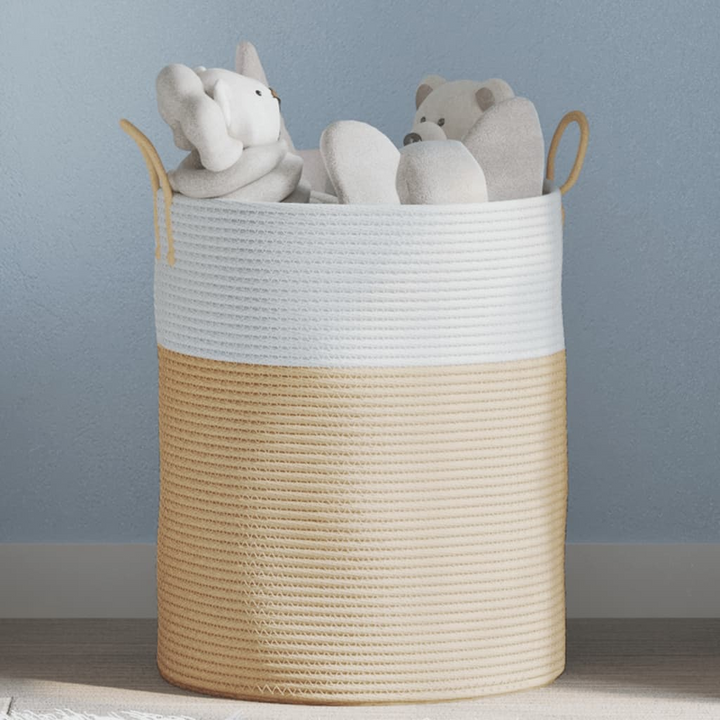 Cotton Storage Basket | Beige and White Ø38x46 cm | Modern Woven Design with Sturdy Handles | Ideal for Blankets, Towels, Toys, and More - Premium  from Home Treasures - Just £31.99! Shop now at Home Treasures