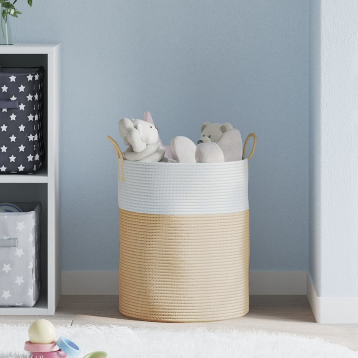 Cotton Storage Basket | Beige and White Ø38x46 cm | Modern Woven Design with Sturdy Handles | Ideal for Blankets, Towels, Toys, and More - Premium  from Home Treasures - Just £31.99! Shop now at Home Treasures