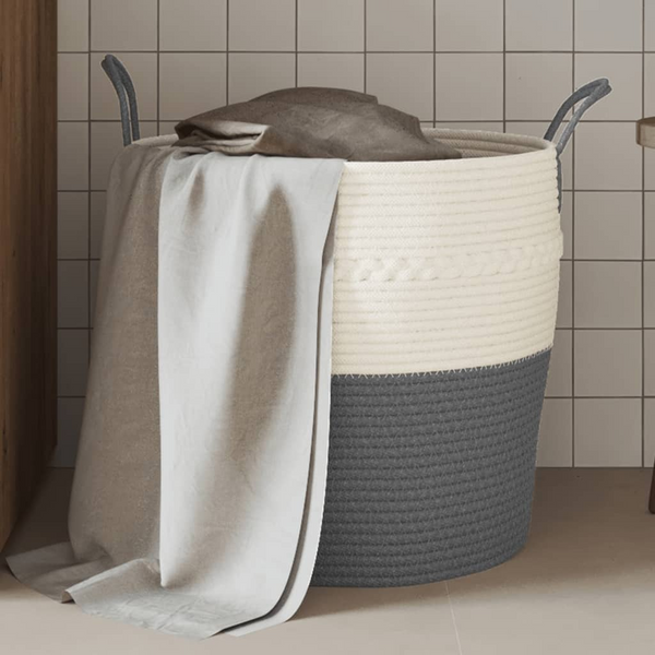 Grey and White Cotton Storage Basket 43x38 cm - Stylish, Foldable, & Durable Home Organizer - Premium  from Home Treasures - Just £25.99! Shop now at Home Treasures