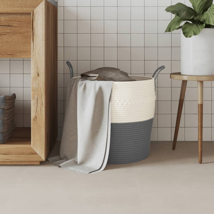 Grey and White Cotton Storage Basket 43x38 cm - Stylish, Foldable, & Durable Home Organizer - Premium  from Home Treasures - Just £25.99! Shop now at Home Treasures