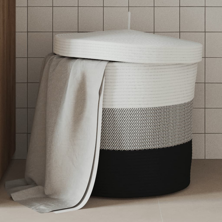 Modern Cotton Storage Basket with Lid - White and Black, Ø40x35 cm - Premium  from Home Treasures - Just £35.99! Shop now at Home Treasures