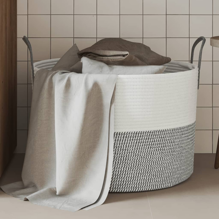 Grey and White Cotton Storage Basket Ø51x33 cm - Durable & Stylish Home Organizer - Premium  from Home Treasures - Just £34.99! Shop now at Home Treasures