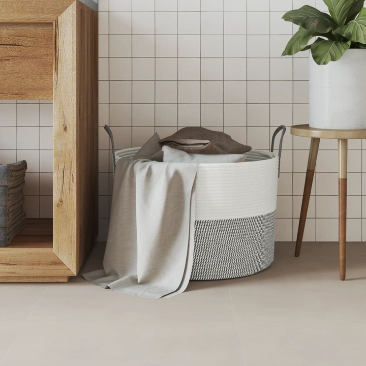 Grey and White Cotton Storage Basket Ø51x33 cm - Durable & Stylish Home Organizer - Premium  from Home Treasures - Just £34.99! Shop now at Home Treasures