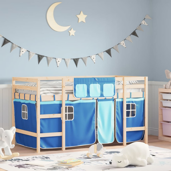 Children's Loft Bed with Fun Curtains and Ladder, Solid Pine Wood, Blue, 90x200 cm - Perfect Space-Saving Solution! - Premium  from Home Treasures - Just £238.99! Shop now at Home Treasures