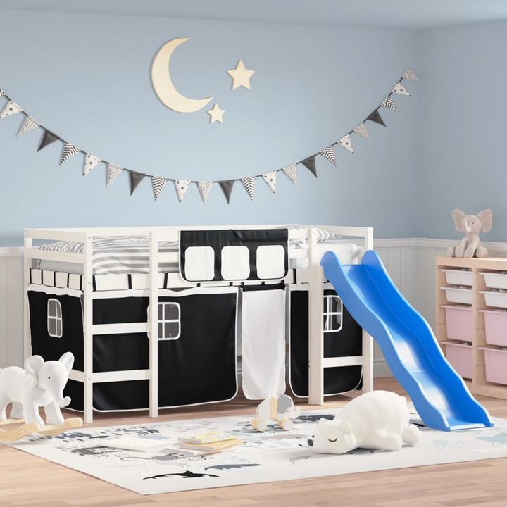 Children's Loft Bed with Curtains - White & Black | 80x200 cm | Without Mattress | Fun & Space-Saving Design - Premium  from Home Treasures - Just £303.99! Shop now at Home Treasures