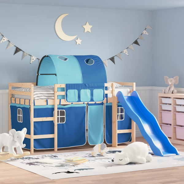 Children's Loft Bed with Tunnel, Slide & Curtains | Blue | 80x200 cm | Solid Pine Wood - Premium  from Home Treasures - Just £299.99! Shop now at Home Treasures