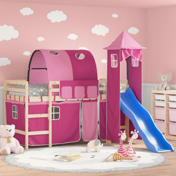 Children's Loft Bed with Slide and Tower in Pink 80x200 cm | Fun & Space-Saving