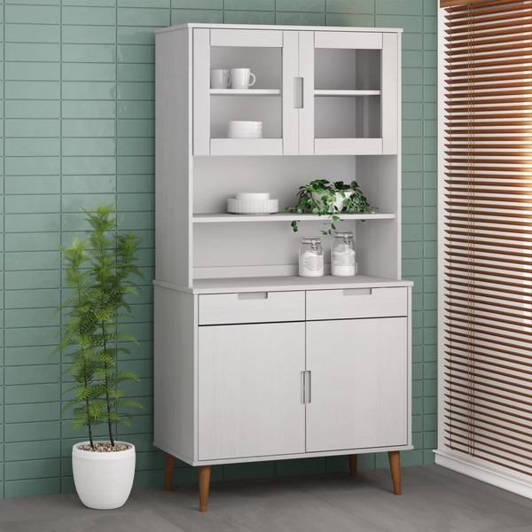 MOLDE Highboard Top - White 90x35x100 cm | Solid Pine Wood & Tempered Glass - Premium  from Home Treasures - Just £169.99! Shop now at Home Treasures