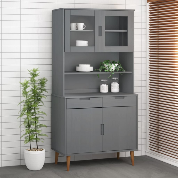 MOLDE Highboard Top in Grey - Solid Pine Wood, Glass Doors, 90x35x100 cm - Premium  from Home Treasures - Just £174.99! Shop now at Home Treasures