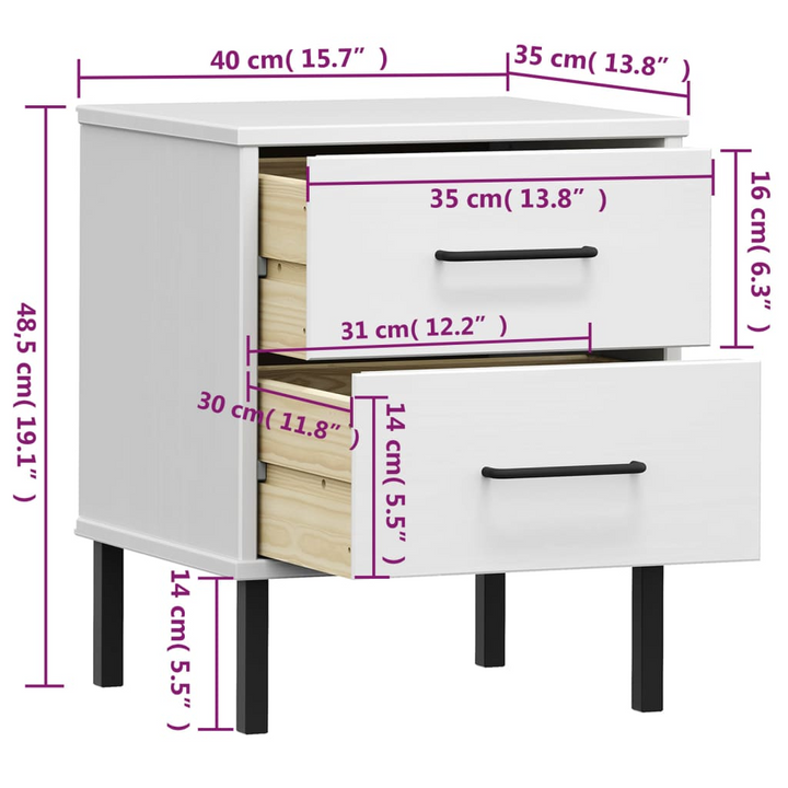 OSLO Solid Pine Wood Bedside Cabinet with Metal Legs in White, 2 Drawers | Stylish & Functional Furniture - Premium  from Home Treasures - Just £76.99! Shop now at Home Treasures